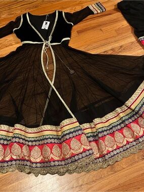 Black Sheer Overcoat Gold & Red Embroidered Border